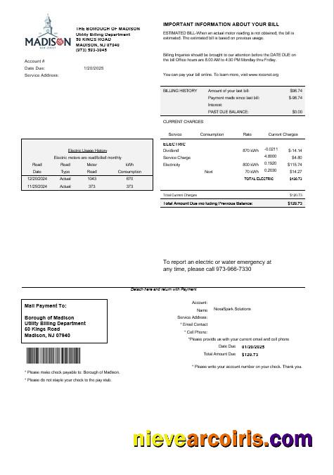 USA New Jersey The Borough of Madison business utility bill
